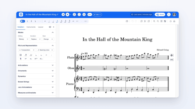 Buscando tercina na Busca rápida e lendo o artigo de ajuda sobre quiálteras num painel lateral ao lado da partitura