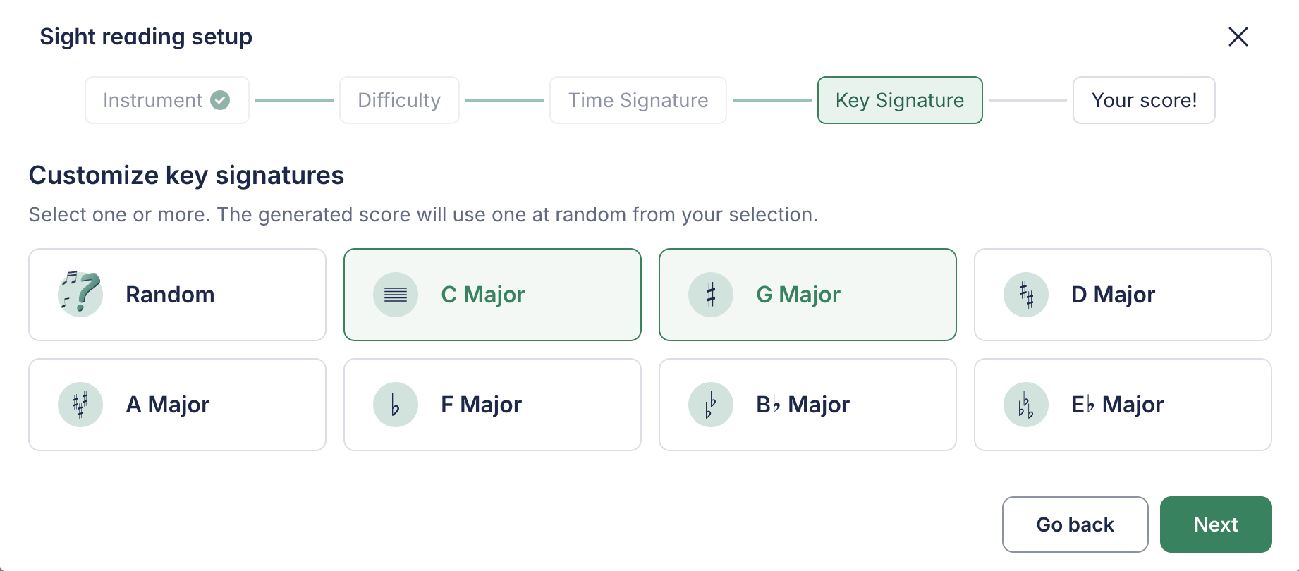 The Sight reading setup dialog on the Key Signature step, with C major and G major selected among the eight key options