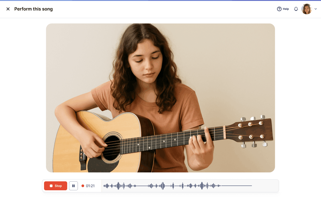 A student recording a guitar performance in a Free Record assignment, with the stop button, timer and waveform below the video
