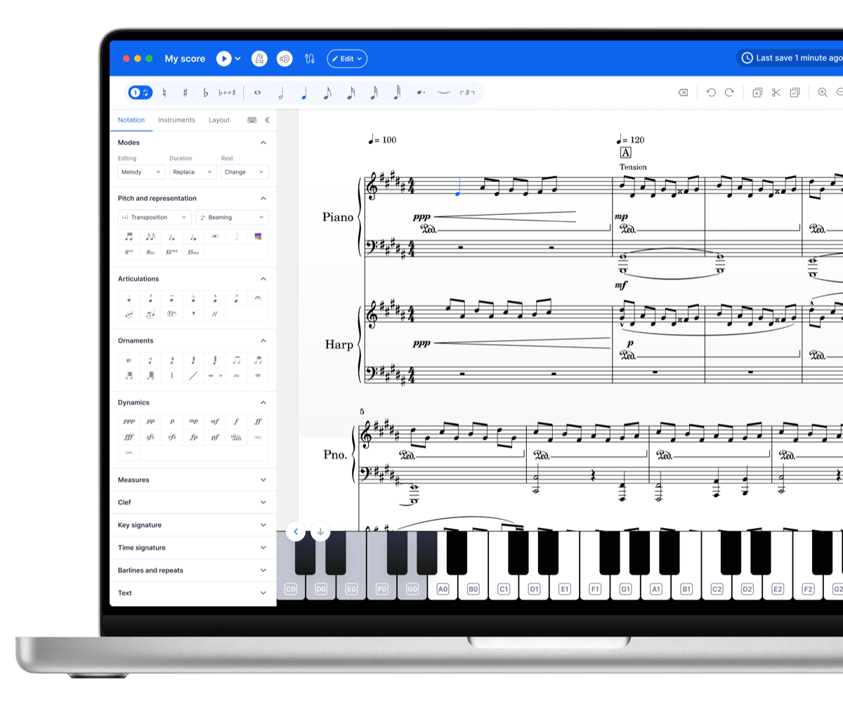 The Flat desktop app open on a piano and harp score on a MacBook, with the notation panel on the left and the piano keyboard below