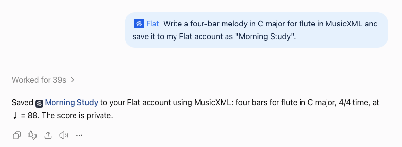 ChatGPT writing a four-bar flute melody and saving it to the Flat library as a private score