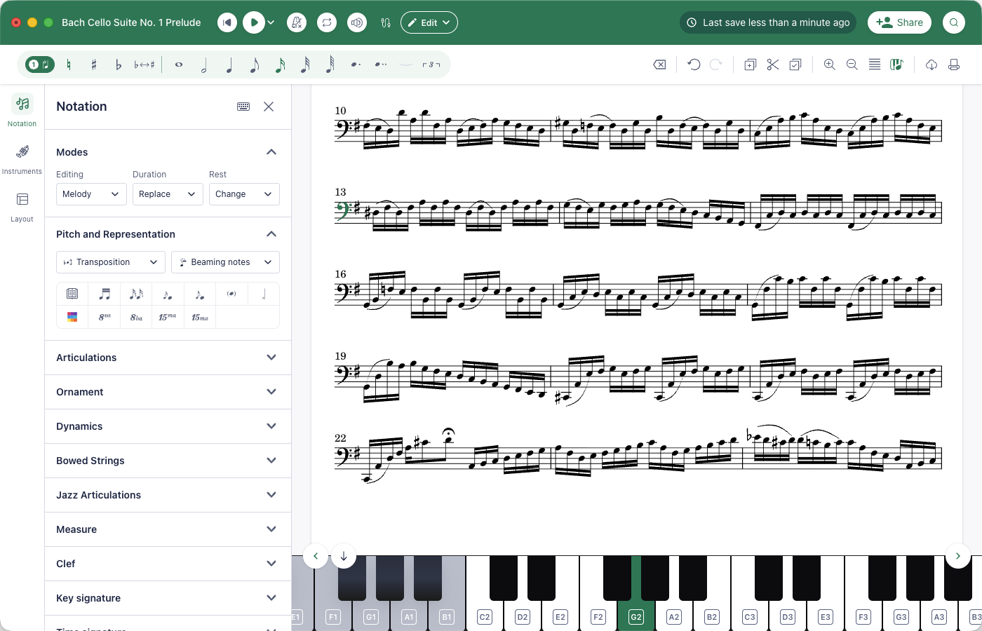 The Flat for Education desktop app on a Mac, editing a cello score with the Notation panel open on the left and the piano keyboard at the bottom