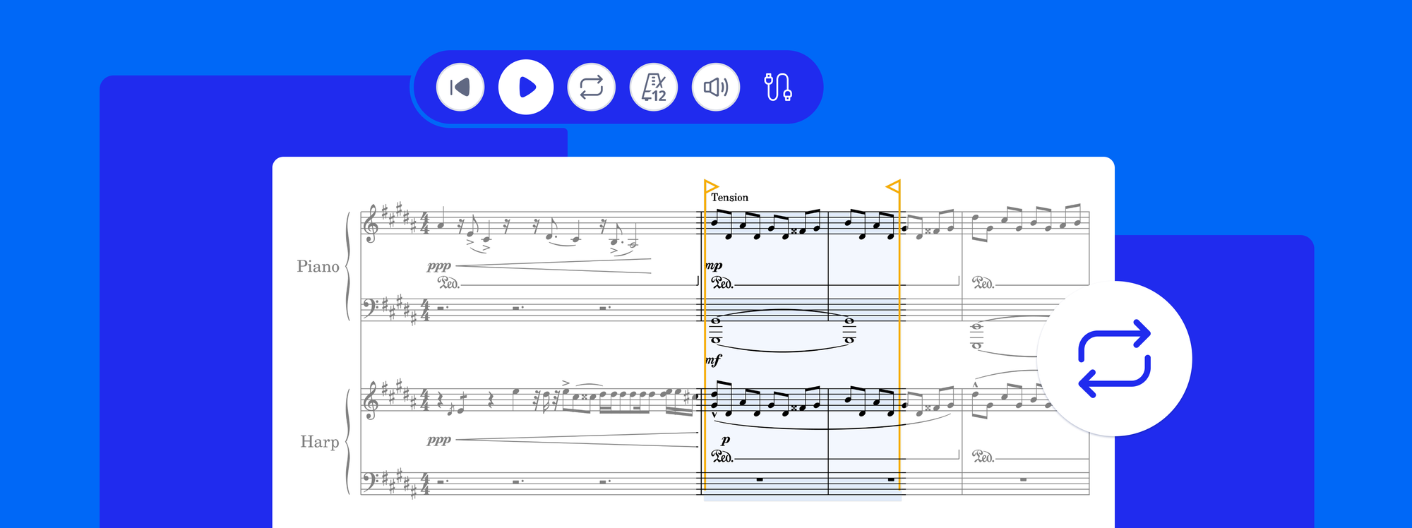 A selected passage in the Flat editor looping, with the loop handles around the bars and the loop button active in the header